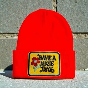 Neon orange Beanie with Embroidered Patch